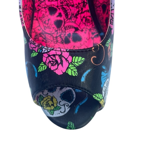 Iron Fist Pin Up Peep-Toe Heels US 6 Goth Witchy Rocker Pink Bow Mexican Skulls - Picture 15 of 16